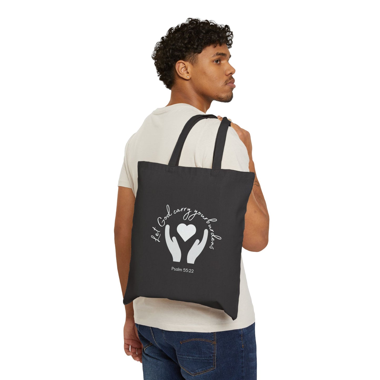 "Let God carry your burdens" Cotton Canvas Tote Bag, black | Psalm 55:22