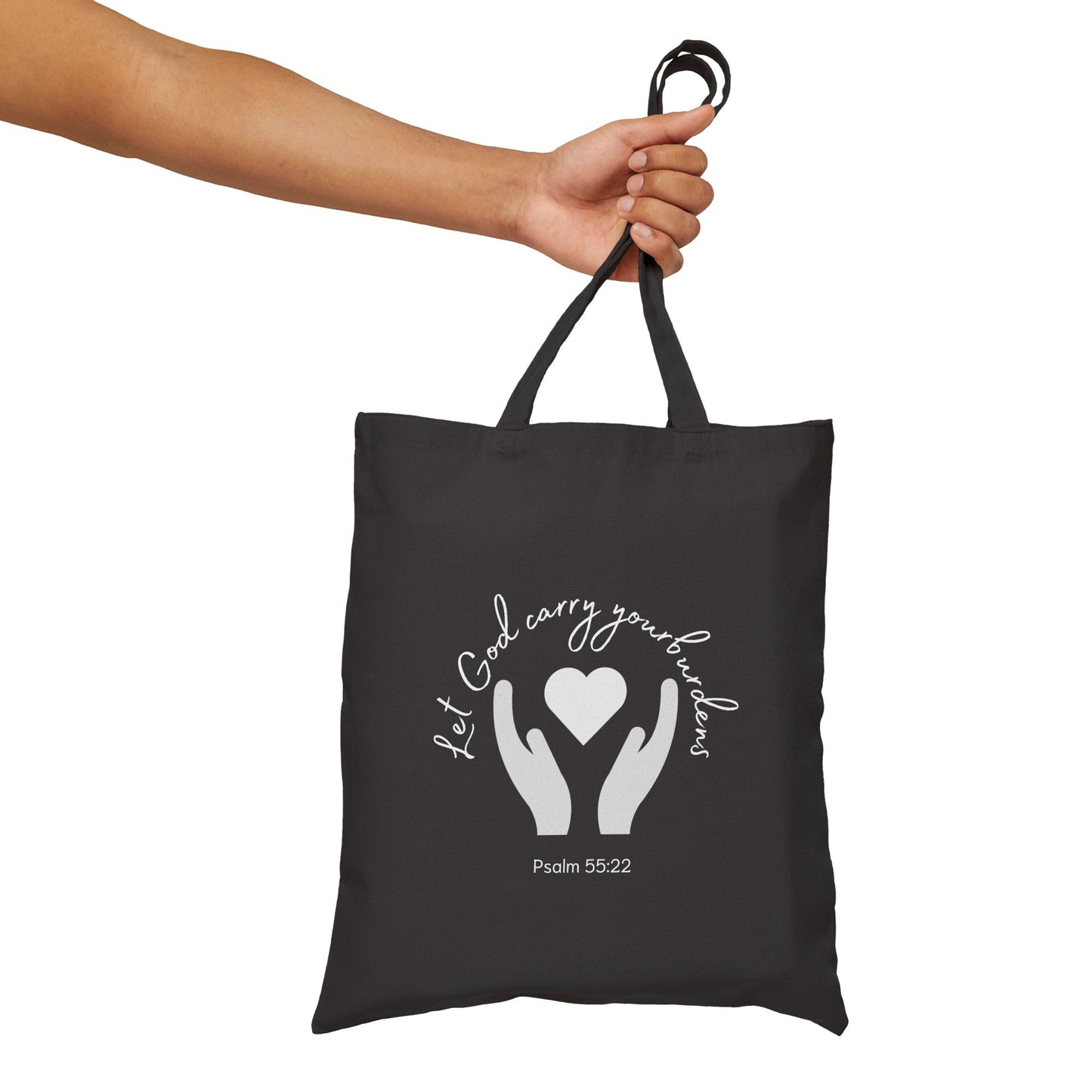 "Let God carry your burdens" Cotton Canvas Tote Bag, black | Psalm 55:22
