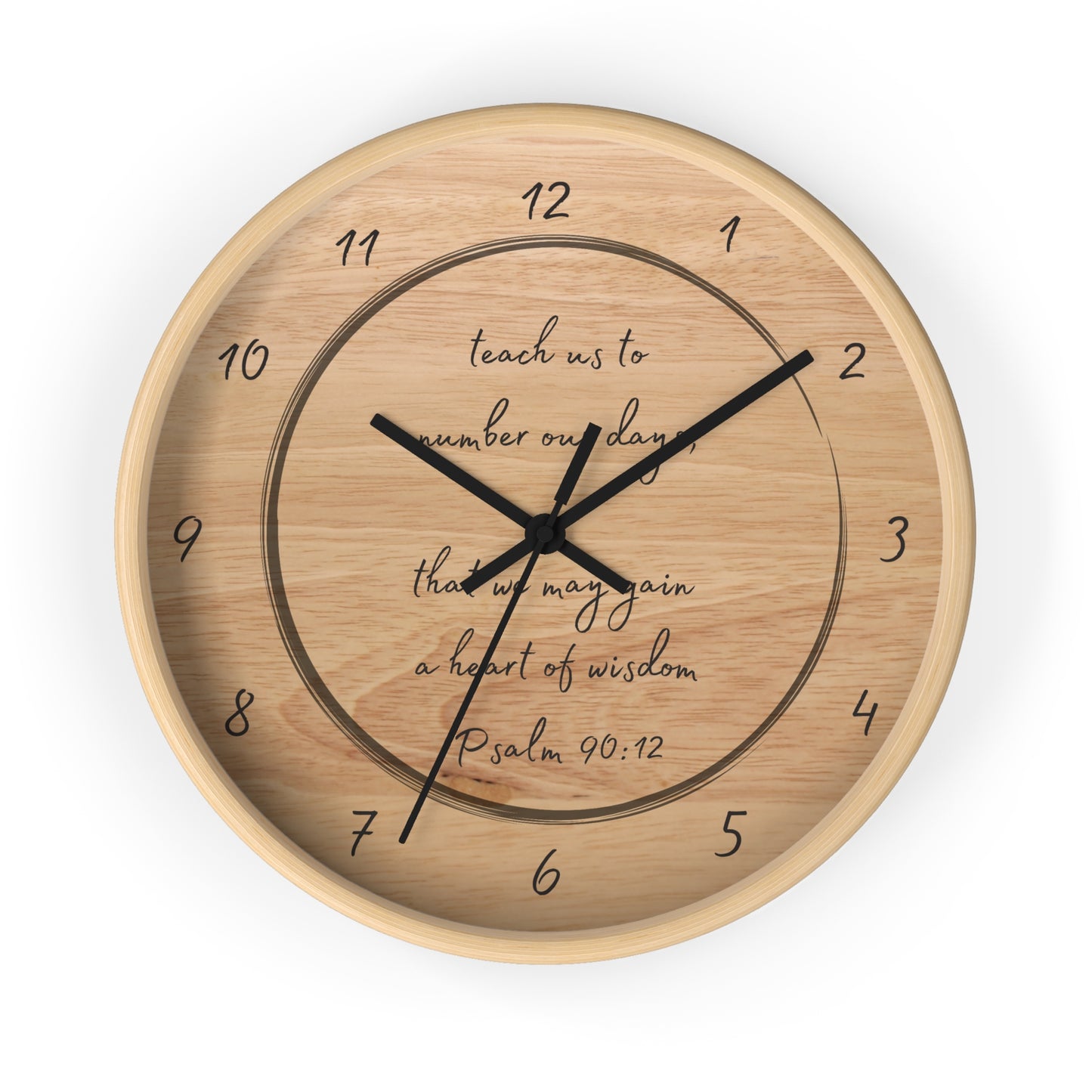 "Teach us to number our days" Wall Clock, wood-tone rim | Psalm 90:12