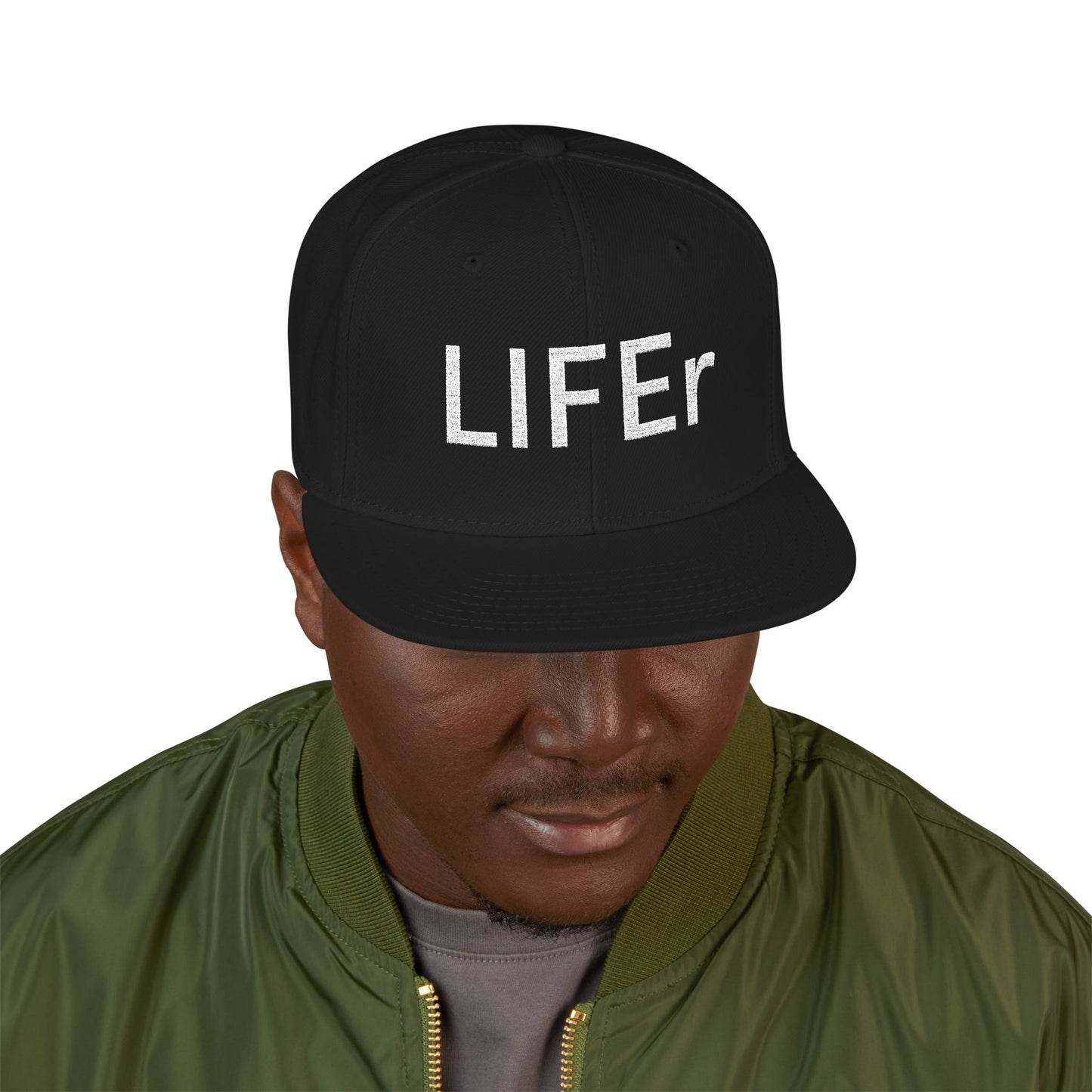 Flatbill Cap with Embroidered 'LIFEr' Design, Black