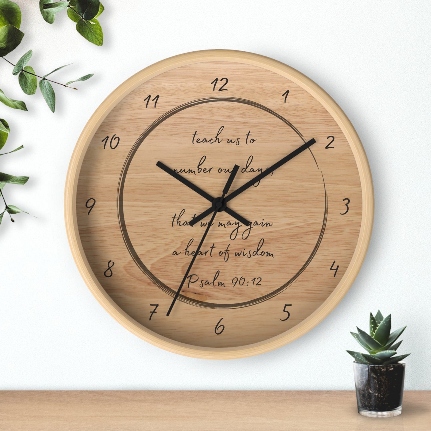 "Teach us to number our days" Wall Clock, wood-tone rim | Psalm 90:12