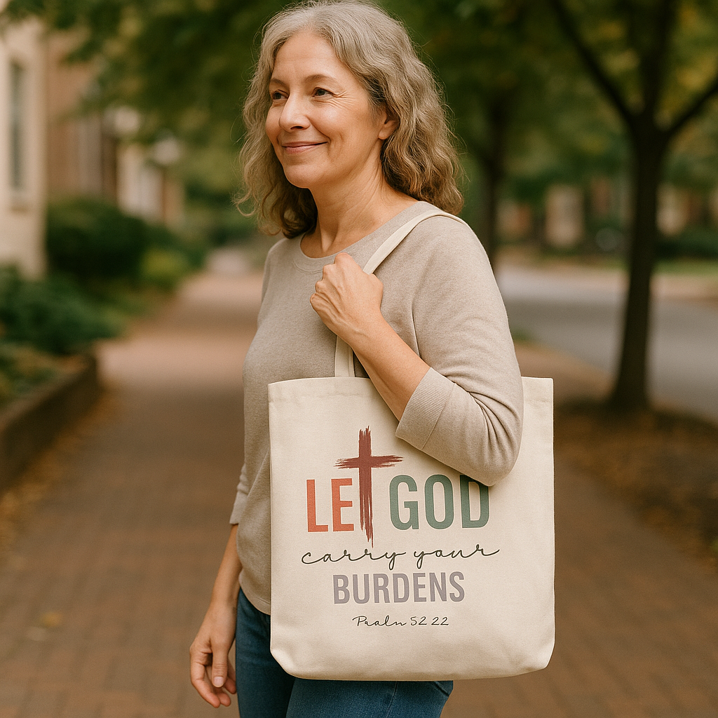 "Let God carry your burdens" Cotton Canvas Tote Bag, natural | Psalm 52:22