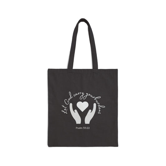 "Let God carry your burdens" Cotton Canvas Tote Bag, black | Psalm 55:22