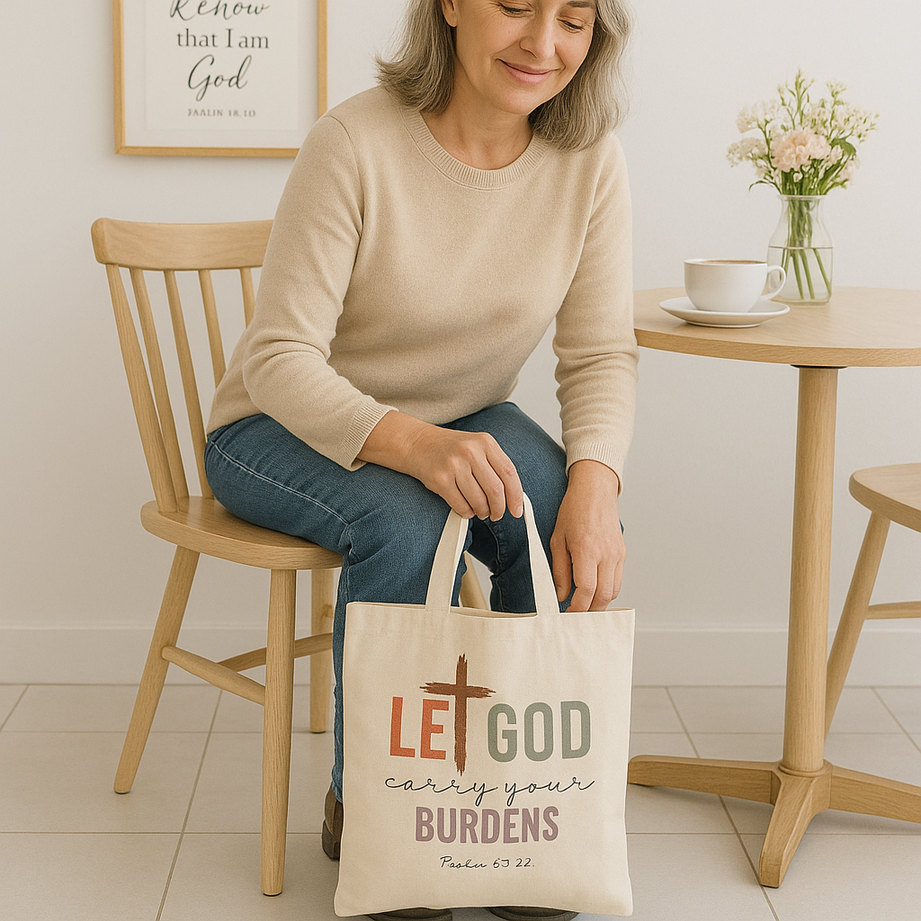 "Let God carry your burdens" Cotton Canvas Tote Bag, natural | Psalm 52:22